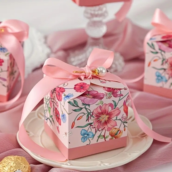Pink Floral Party Favor Boxes with Satin Ribbon - Picture 1 of 2